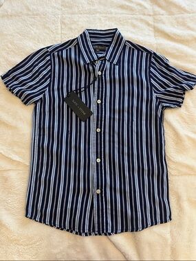 Slate & Stone Navy and White Vertical Stripe Short-Sleeve Button Shirt